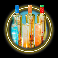 Three Au Vodka bottles in raspberry, juicy peach, and strawberry burst flavors with matching cocktails