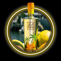 Au Vodka Miami Mango bottle with a gold finish and mango illustrations, surrounded by fresh mangoes