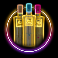 Three Au Vodka bottles with neon outlines, blue raspberry, juicy peach, and pink lemonade flavors