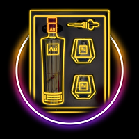 Au Red Cherry Vodka gift set with two glasses and a pourer, outlined in yellow neon light