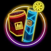Two Au Vodka drinks with neon outlines, one red and one blue with a lemon slice