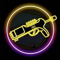 Neon yellow outline of a gun with Au symbol, encircled by yellow, white, and purple neon rings