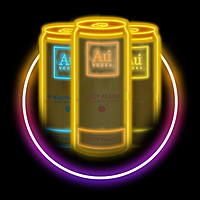 Three Au Vodka cans in neon glow, blue raspberry, juicy peach, and pineapple crush flavors