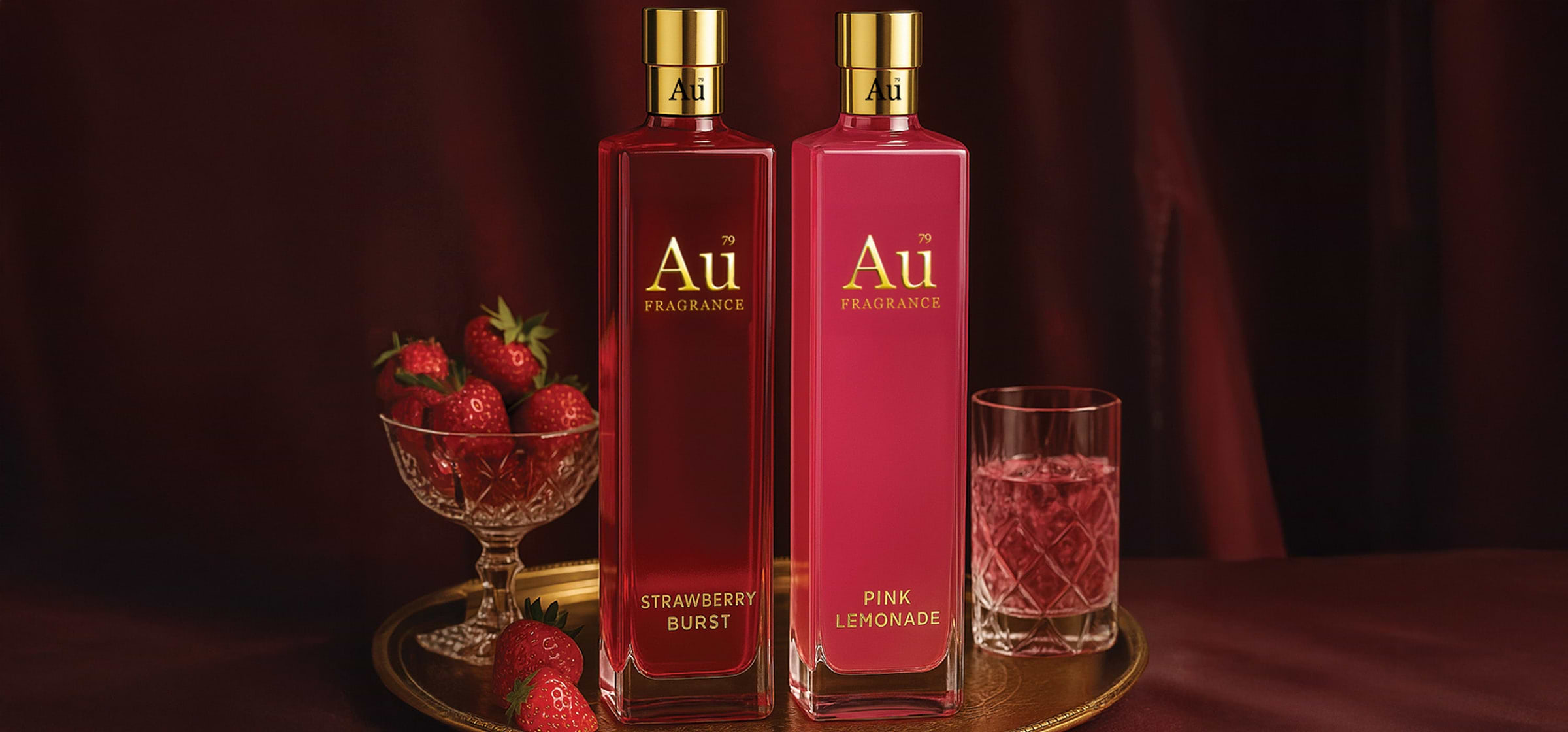 Au Fragrance Strawberry Burst and Pink Lemonade bottles on a gold tray with fresh strawberries and a glass