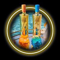 Two Au Vodka bottles, one with an orange cap and one with a blue cap, with matching cocktails