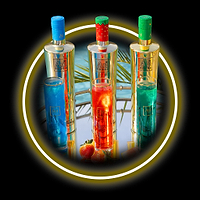 Three Au Vodka bottles and drinks in blue, red, and green with strawberries