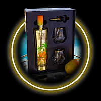 Au Vodka Miami Mango gift set with bottle, two glasses, and pourer