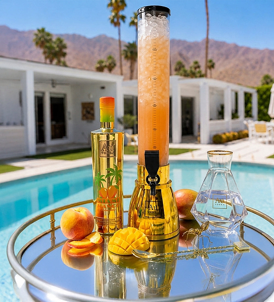 Au Vodka Miami Mango bottle and drink dispenser with fresh fruit on a tray by a swimming pool