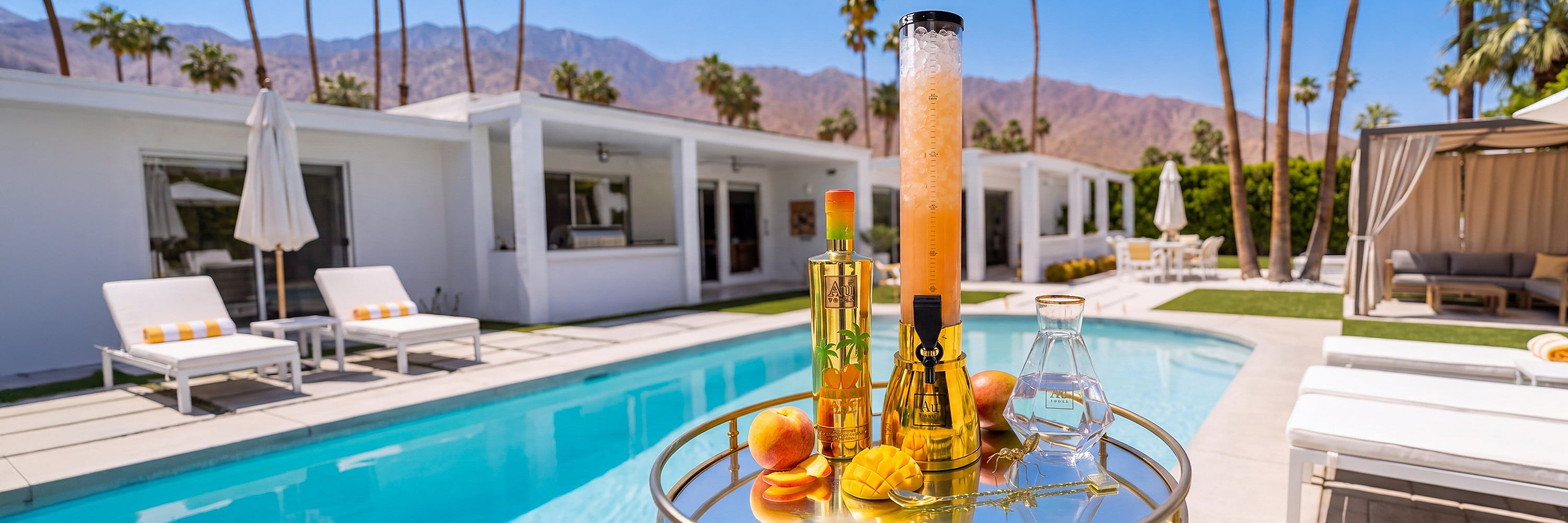 Au Vodka bottle and drink dispenser with fresh peaches and mangoes on a poolside table