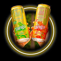 Two hands holding Tango Apple and Tango Orange soda cans