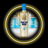 Au Vodka Blue Raspberry bottle with customizable text, set against a blurred swimming pool background