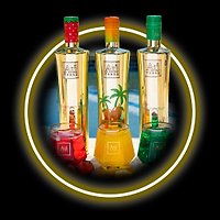 Three Au Vodka bottles and glasses: Strawberry Burst, Mango, and Green Watermelon flavors