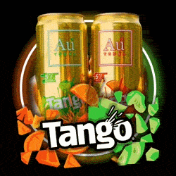 Two gold Au Vodka cans with Tango branding, surrounded by orange and green fruit slices