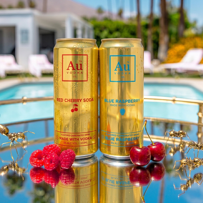 Au Vodka USA Red Cherry Soda and Blue Raspberry Vodka Cocktail Cans with fruit