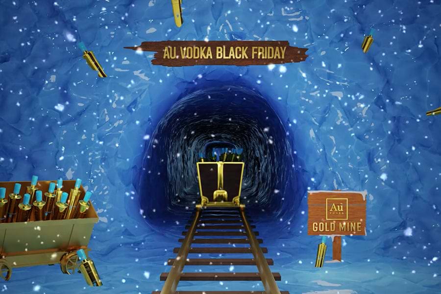 Au Vodka Black Friday Gold Mine graphic with gold bottles and a mine cart