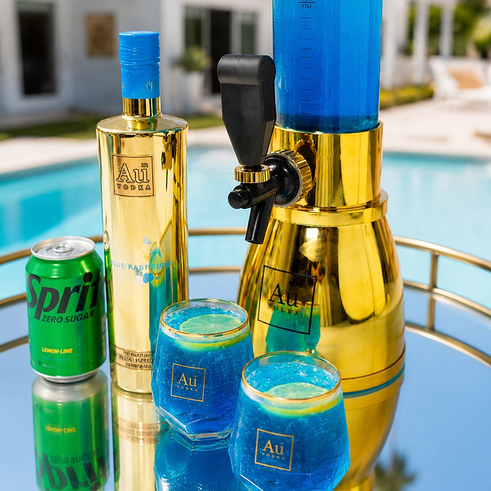 Au Vodka USA Blue Raspberry vodka bottle, dispenser, two cocktails, and Sprite Zero Sugar can