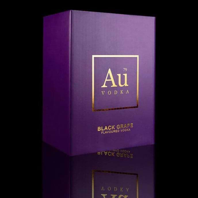 Au Vodka Black Grape purple presentation box with gold logo and text