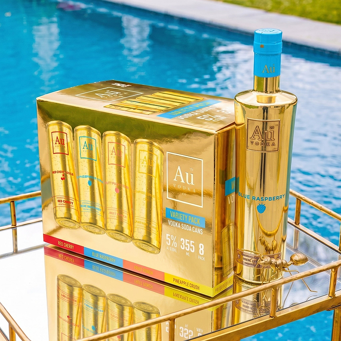 Au Vodka USA Bottle & Can Bundles with Choose your Flavors variety pack and a blue raspberry vodka bottle