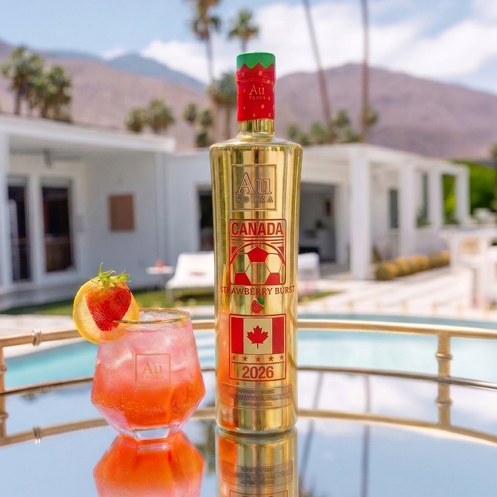Au Vodka USA Strawberry Burst 750ml bottle and cocktail on a reflective tray