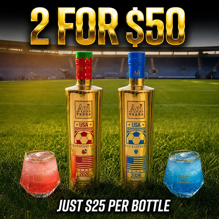 Au Vodka USA Strawberry Burst and Blue Raspberry bottles with matching cocktails on a soccer field
