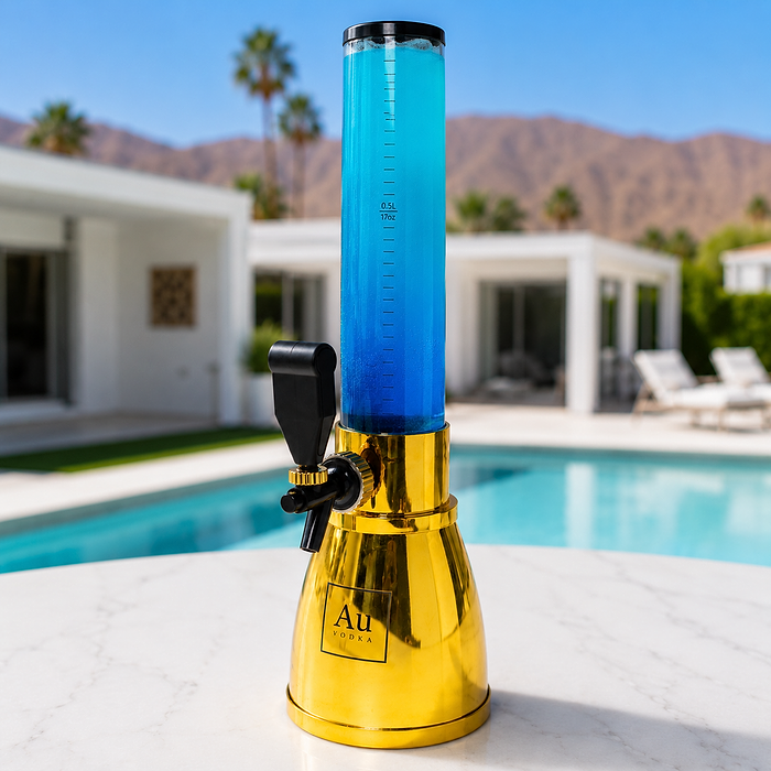Au Vodka USA gold beer tower with blue liquid by a pool
