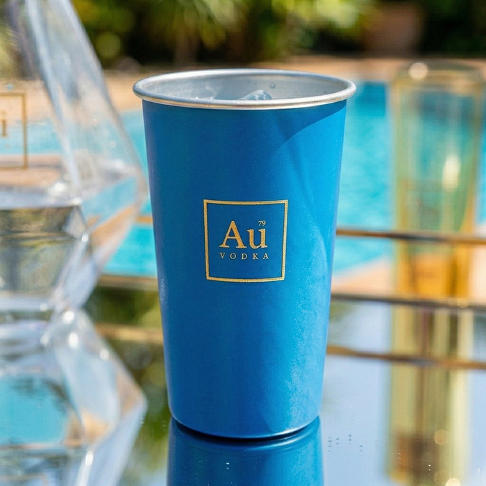 Au Vodka USA blue merchandise cup with gold logo