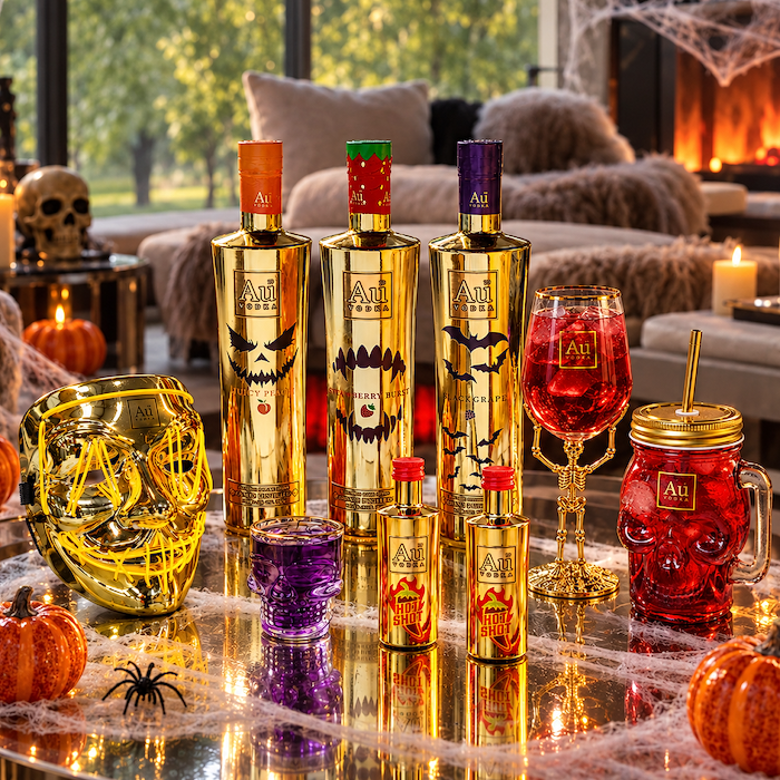 Three Au Vodka Halloween Edition bottles, alongside halloween themed glassware and masks in an indoor setting with halloween decorations.
