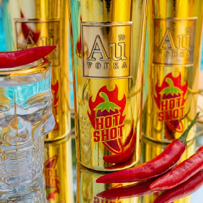 Au Vodka Hot Shot bottles with red chili peppers and a skull-shaped glass