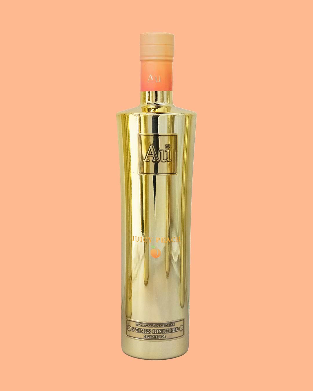 Au Juicy Peach flavoured spirit drink in a metallic gold bottle with peach icon