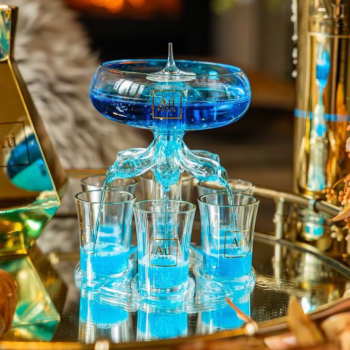 Au Vodka shot tower filled with blue liquid on a mirrored tray with a gold bottle in the background