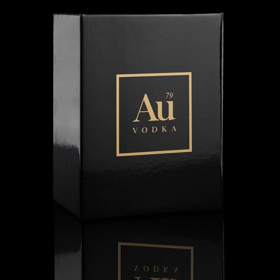 Au Vodka Original black presentation box with gold logo