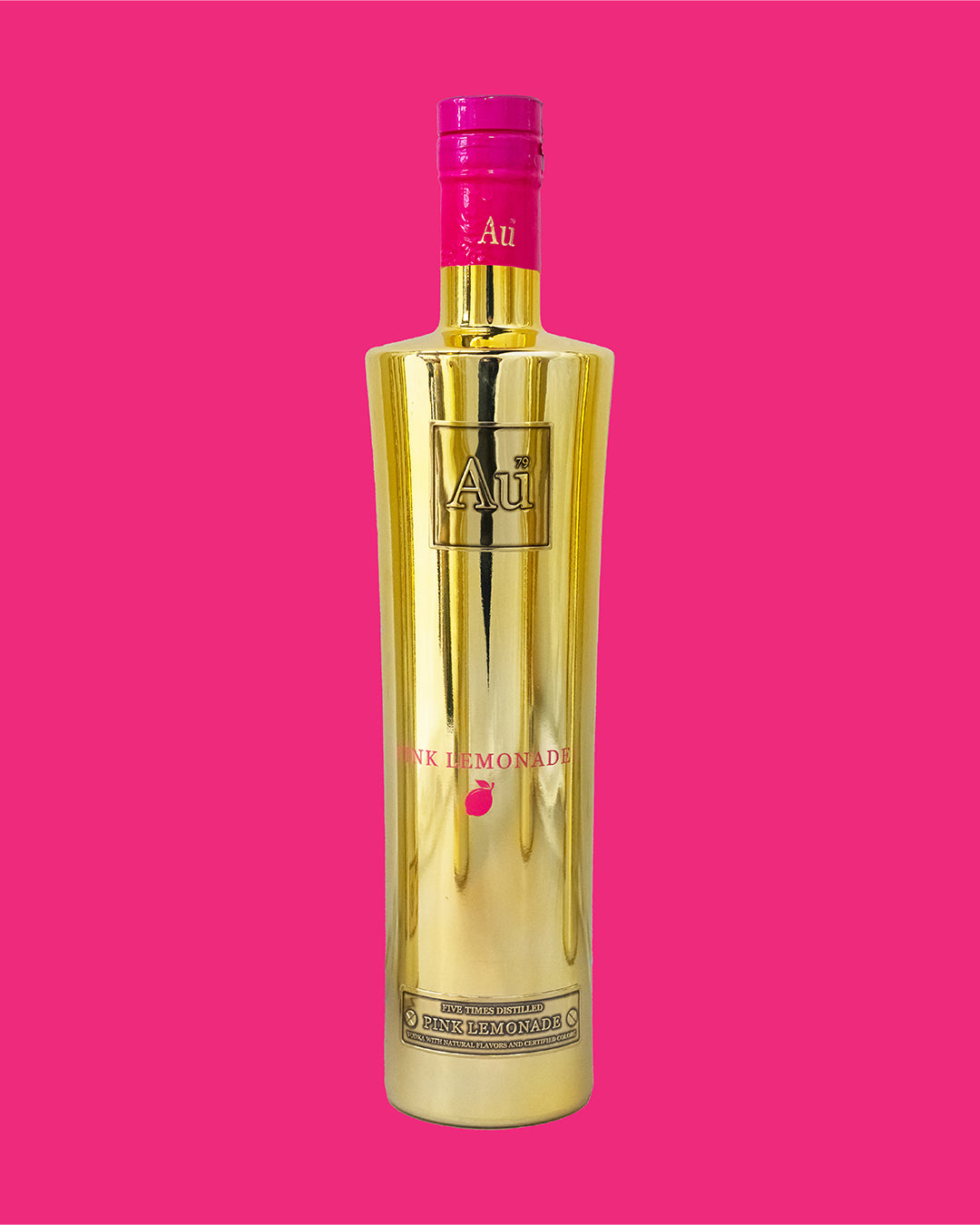 Au Pink Lemonade Vodka in a gold bottle with a pink label and cap
