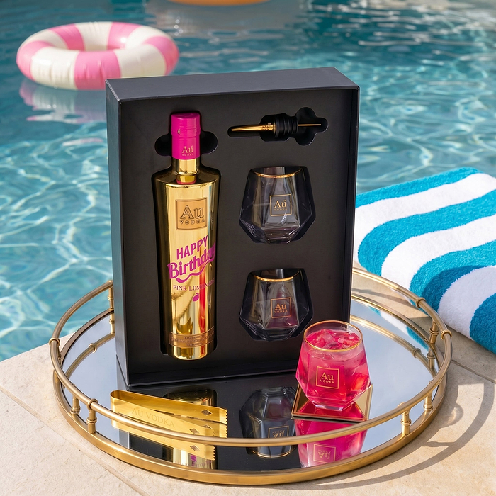 Au Vodka USA Pink Lemonade Happy Birthday Gift Pack with two glasses, pourer, and tongs