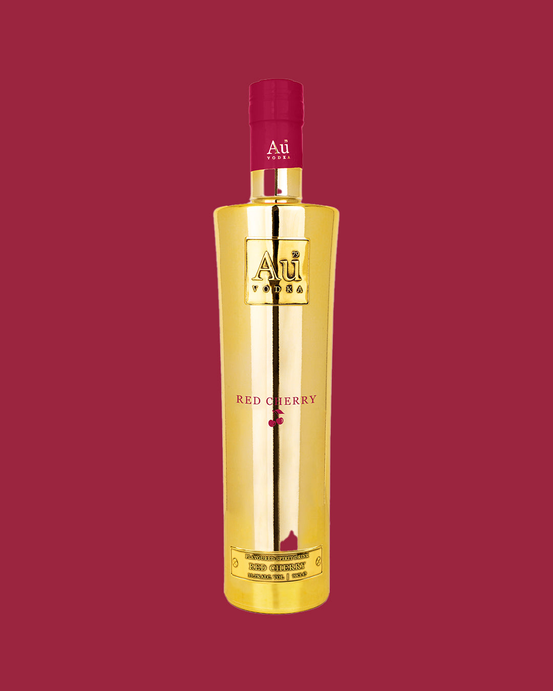Au Vodka Red Cherry gold bottle on a dark red background