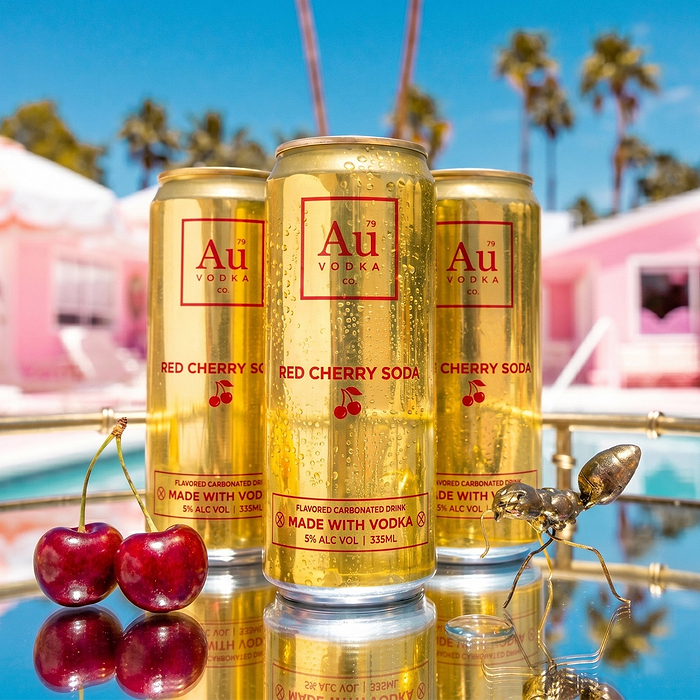Three Au Vodka USA Red Cherry Soda cans on a tray with cherries and a golden ant figurine