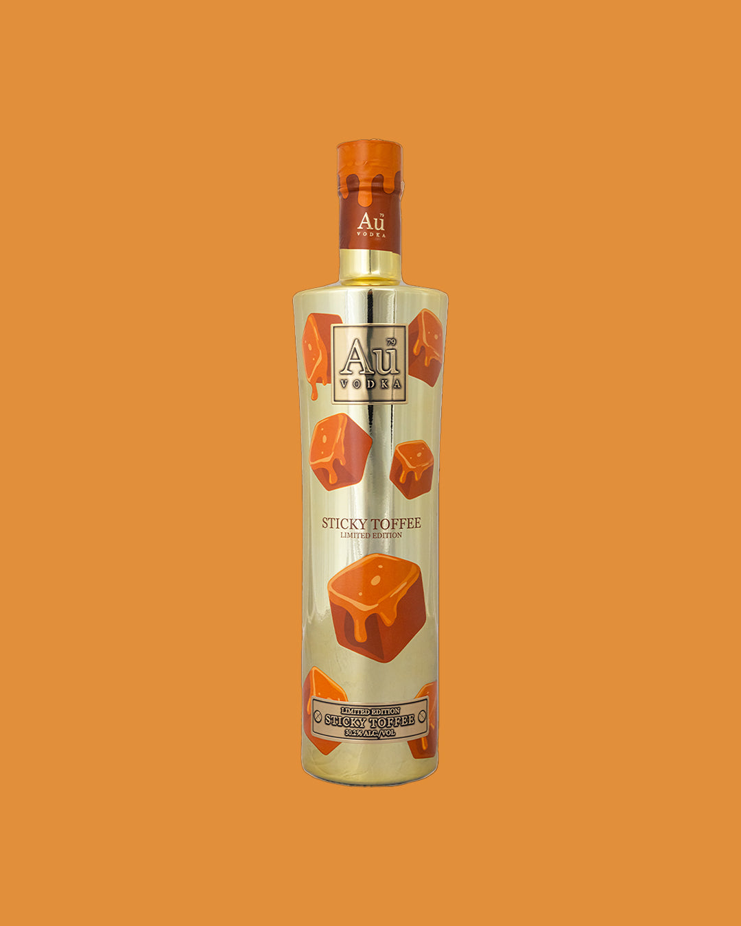Au Vodka Sticky Toffee limited edition gold bottle with caramel cube graphics