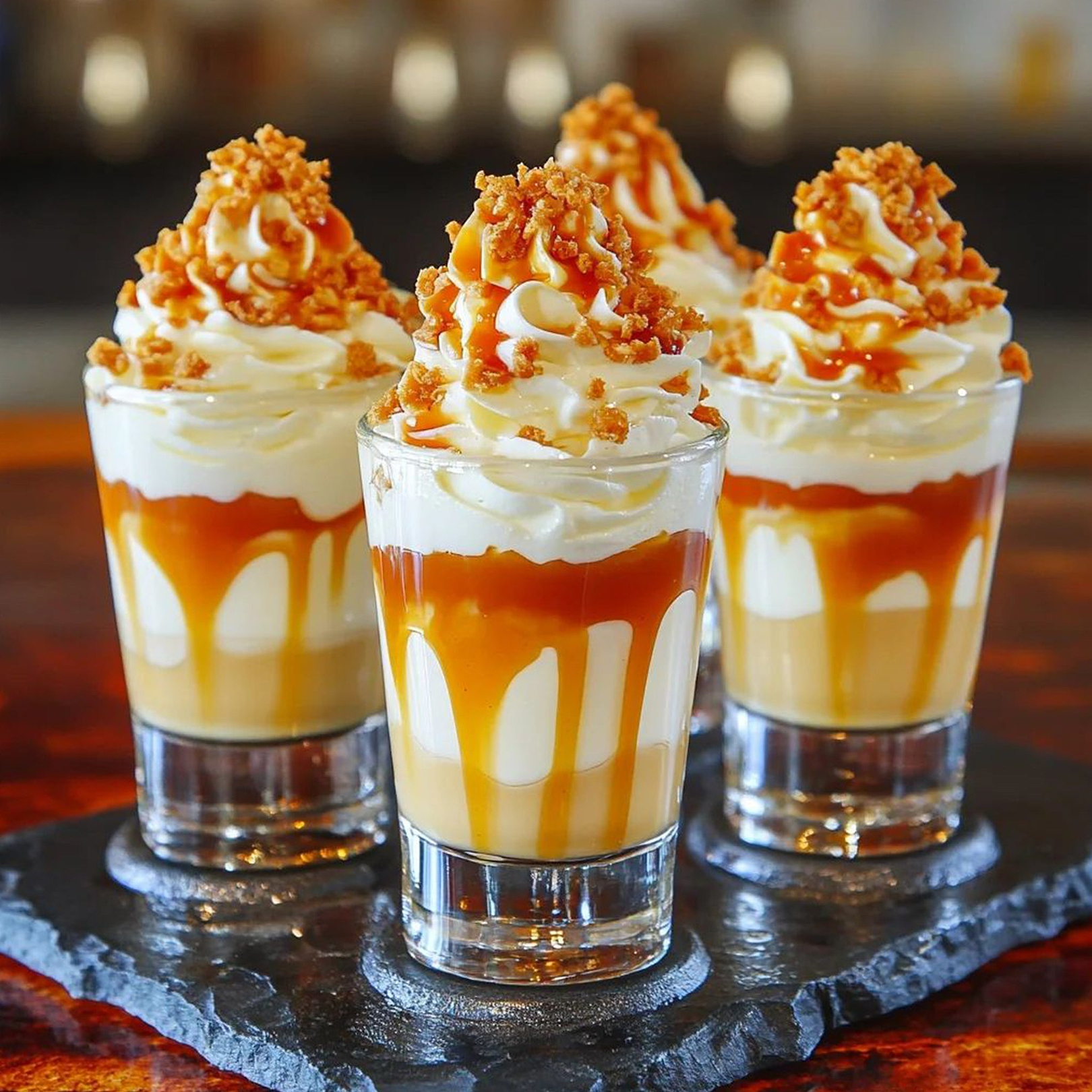 Four shot glasses filled with layered cream caramel sauce and topped with whipped cream and cookie crumbles