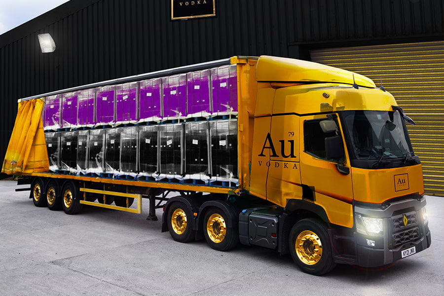 Au Vodka branded truck with a full load of Au Vodka products