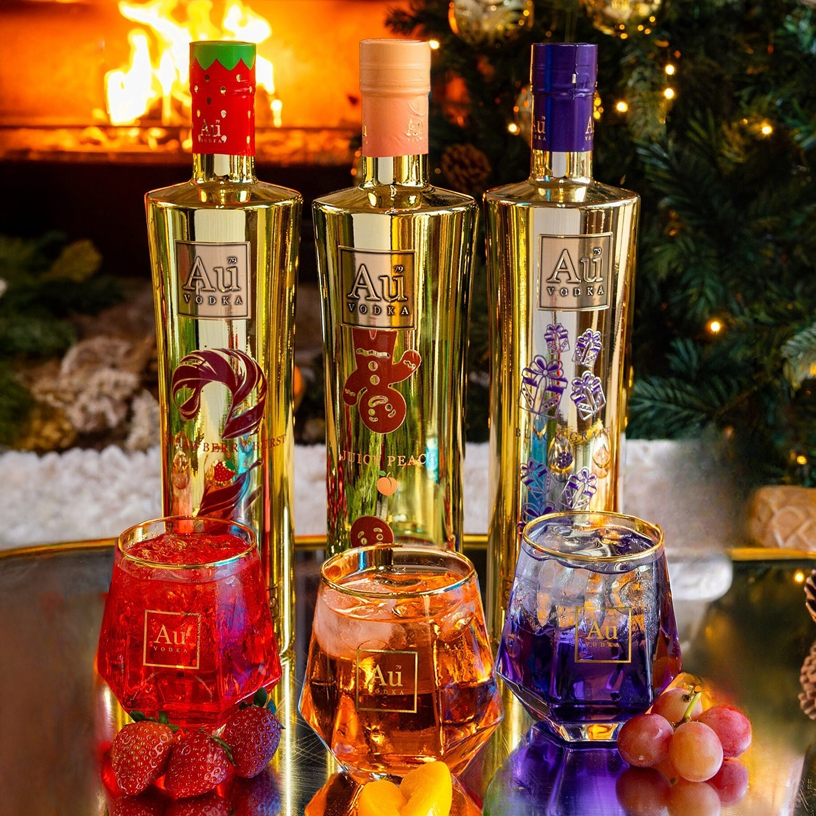 Au Vodka USA Bottle Bundles in Berry Burst, Juicy Peach, and Blue Grape flavors with matching drinks