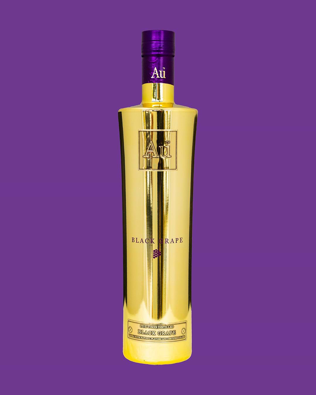 Au Black Grape Vodka bottle, gold with a purple top and label, on a purple background