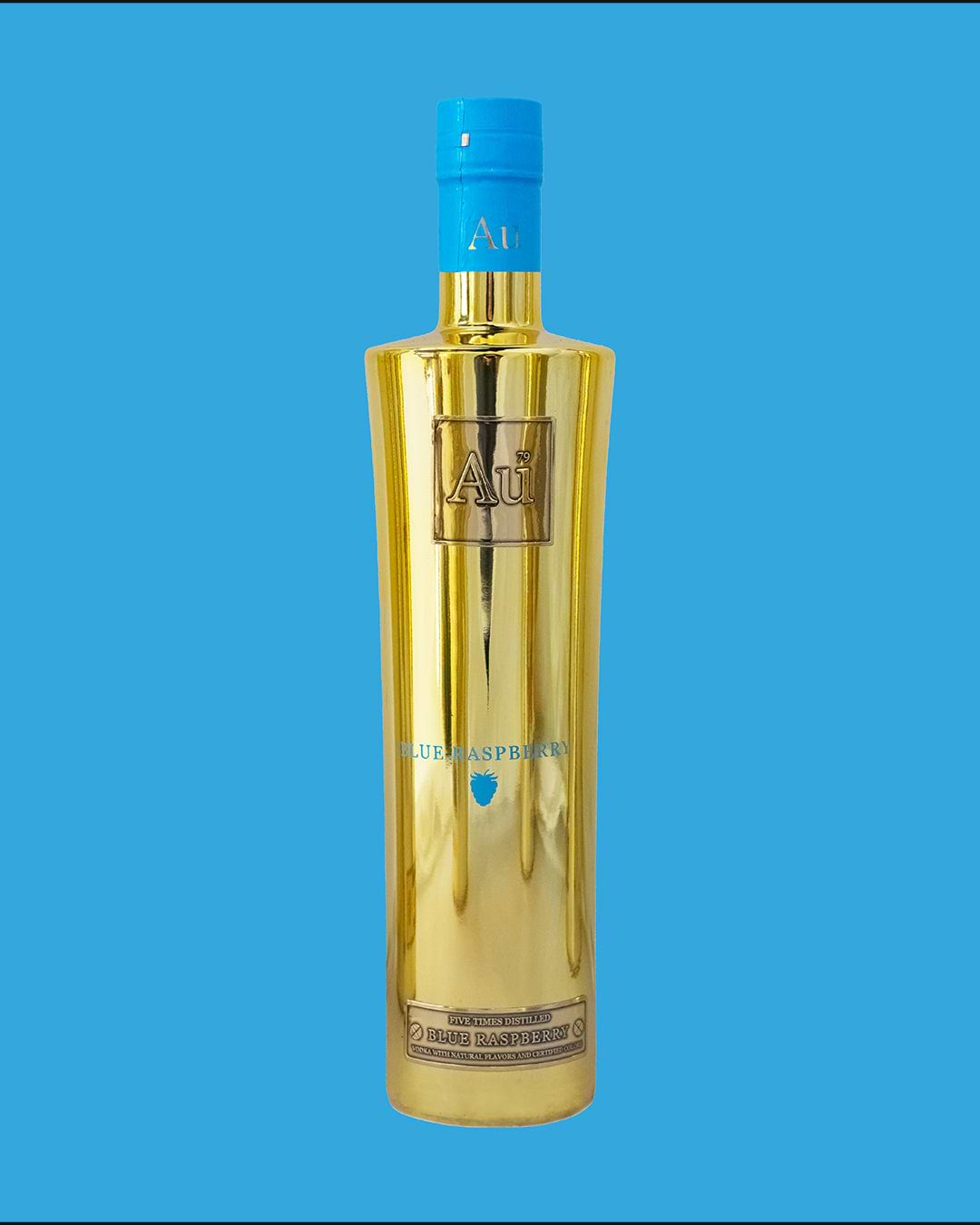 Au Blue Raspberry Vodka in a gold bottle with a blue cap