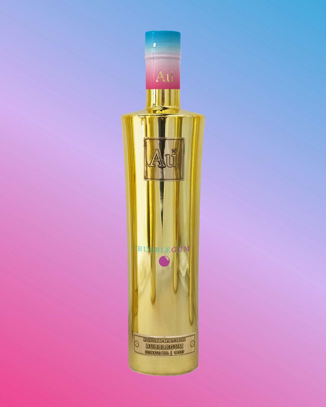 Au Bubblegum Vodka in a gold bottle with a pink and blue top