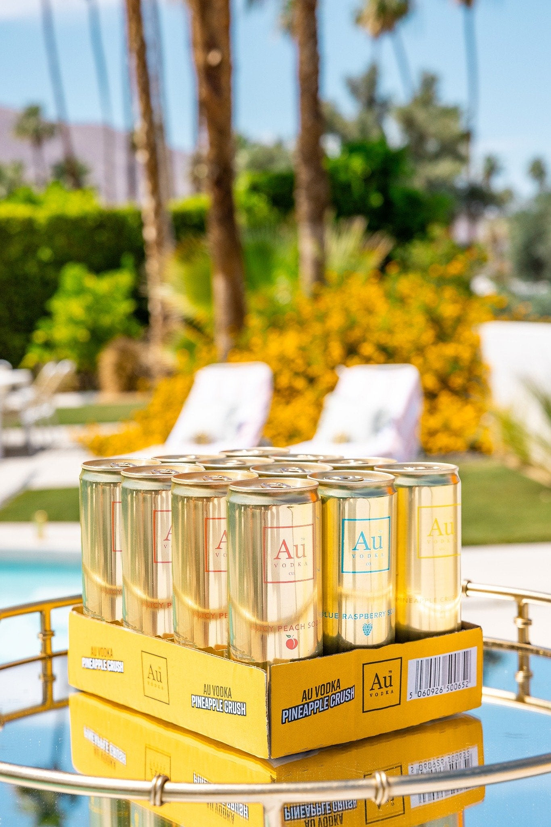 Au Vodka Pineapple Crush canned drink multipack on a reflective tray outdoors