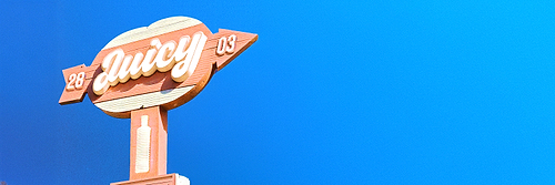 Wooden arrow sign with the word Juicy and numbers 28 and 03 against a blue sky