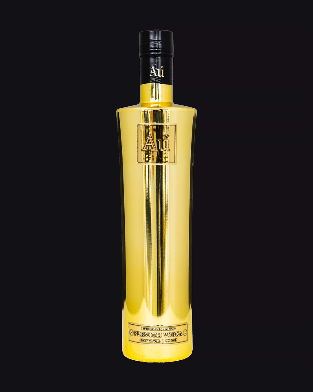 Au Premium Vodka 750ml bottle, gold with black cap and label