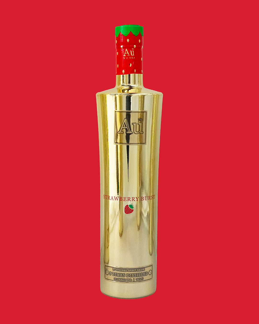 Au Vodka Strawberry Burst bottle, gold with red and green strawberry patterned neck