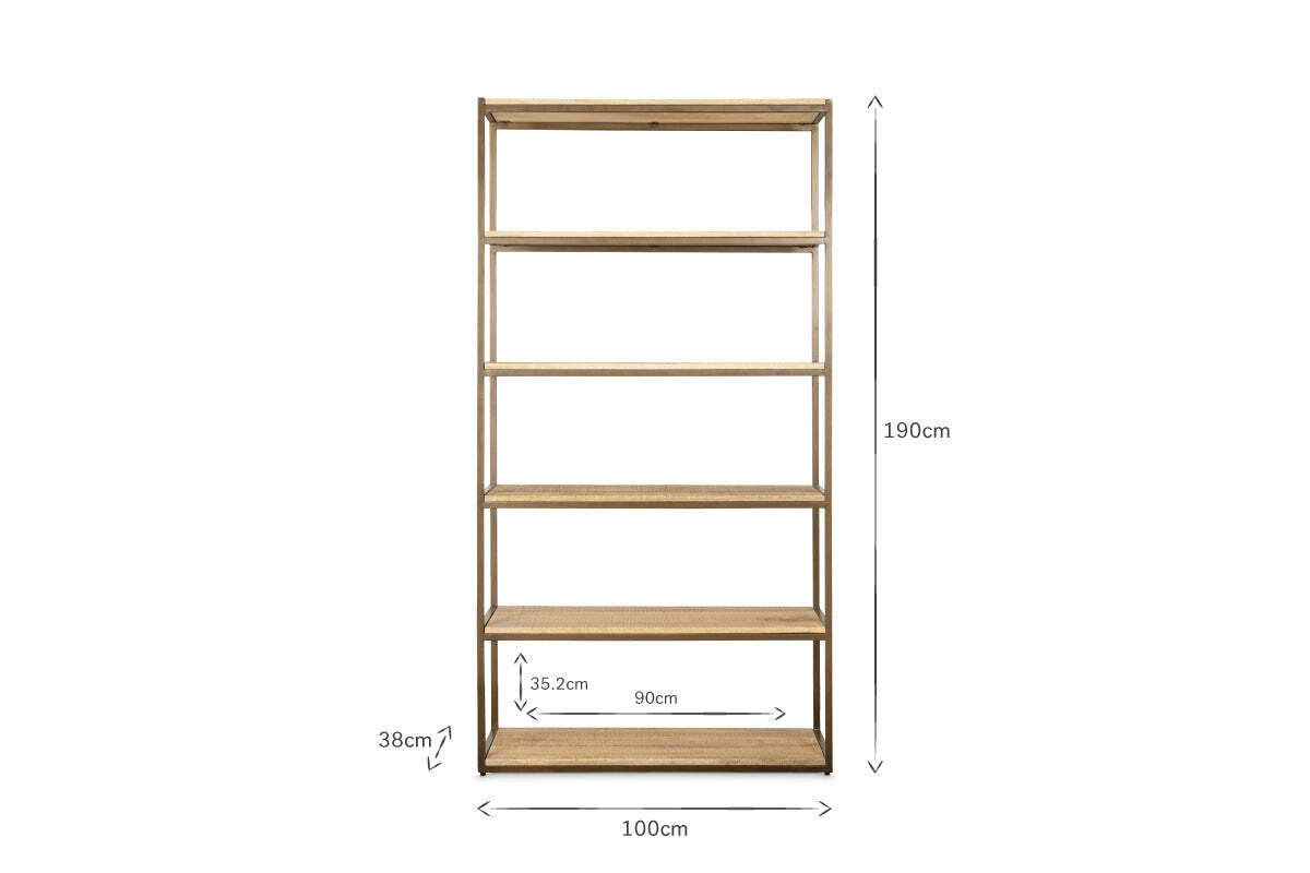 The nkuku Marjori Mango Wood And Iron Standing Shelves - Wide is shown head-on with five shelves. Dimensions: height 190 cm, width 100 cm; bottom shelf height 38 cm, with segments of 35.2 cm and 90 cm labeled on the bottom shelf.