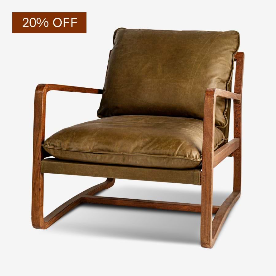 Baloo Acacia Wood & Leather Occasional Chair - Olive Green