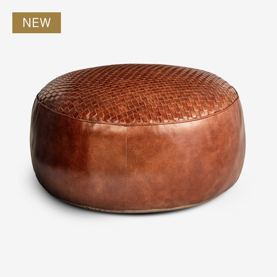 Farida Leather Weave Pouf - Chocolate Brown