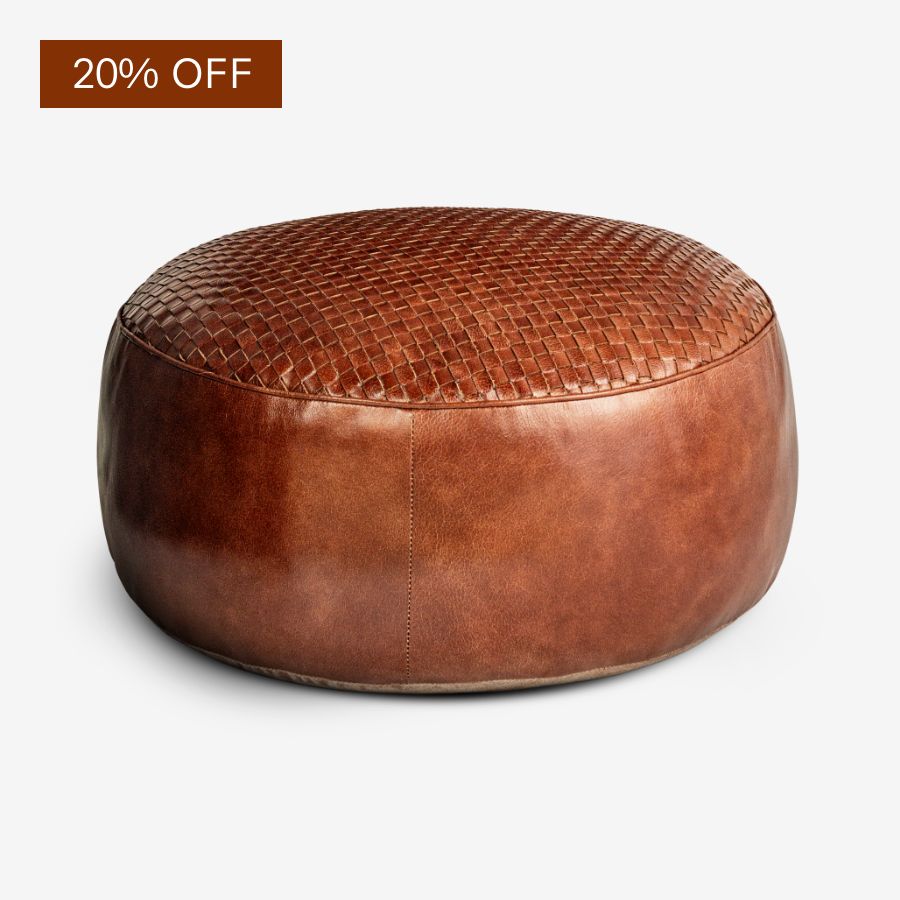 Farida Leather Weave Pouf - Chocolate Brown